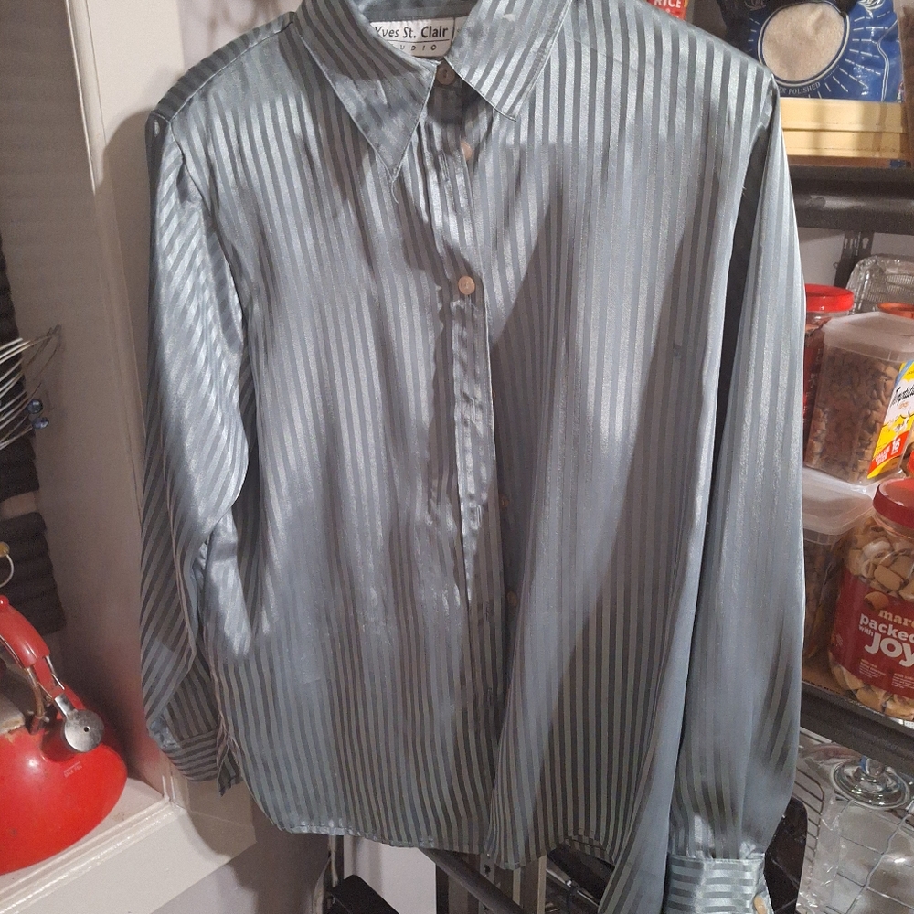 90s Vintage Gray Striped Button-Up Shirt